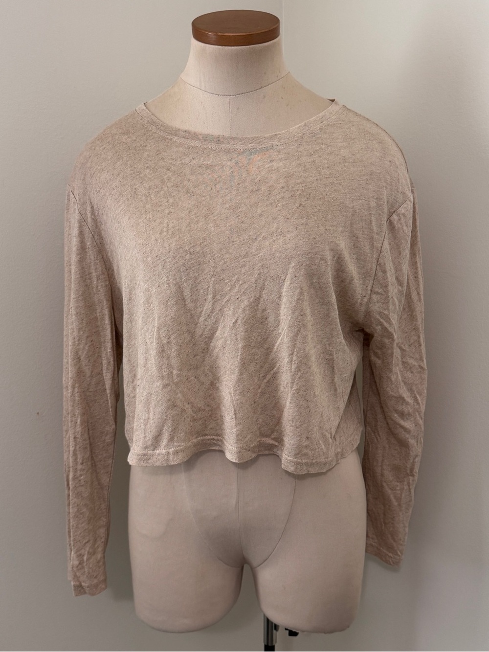 NEW Miou Muse Small Linen Blend Boxy Relaxed Long Sleeve Crop Cropped Top Tee